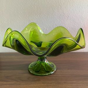 Viking Glass Epic 6 Petal Green Footed Compote MCM Vintage